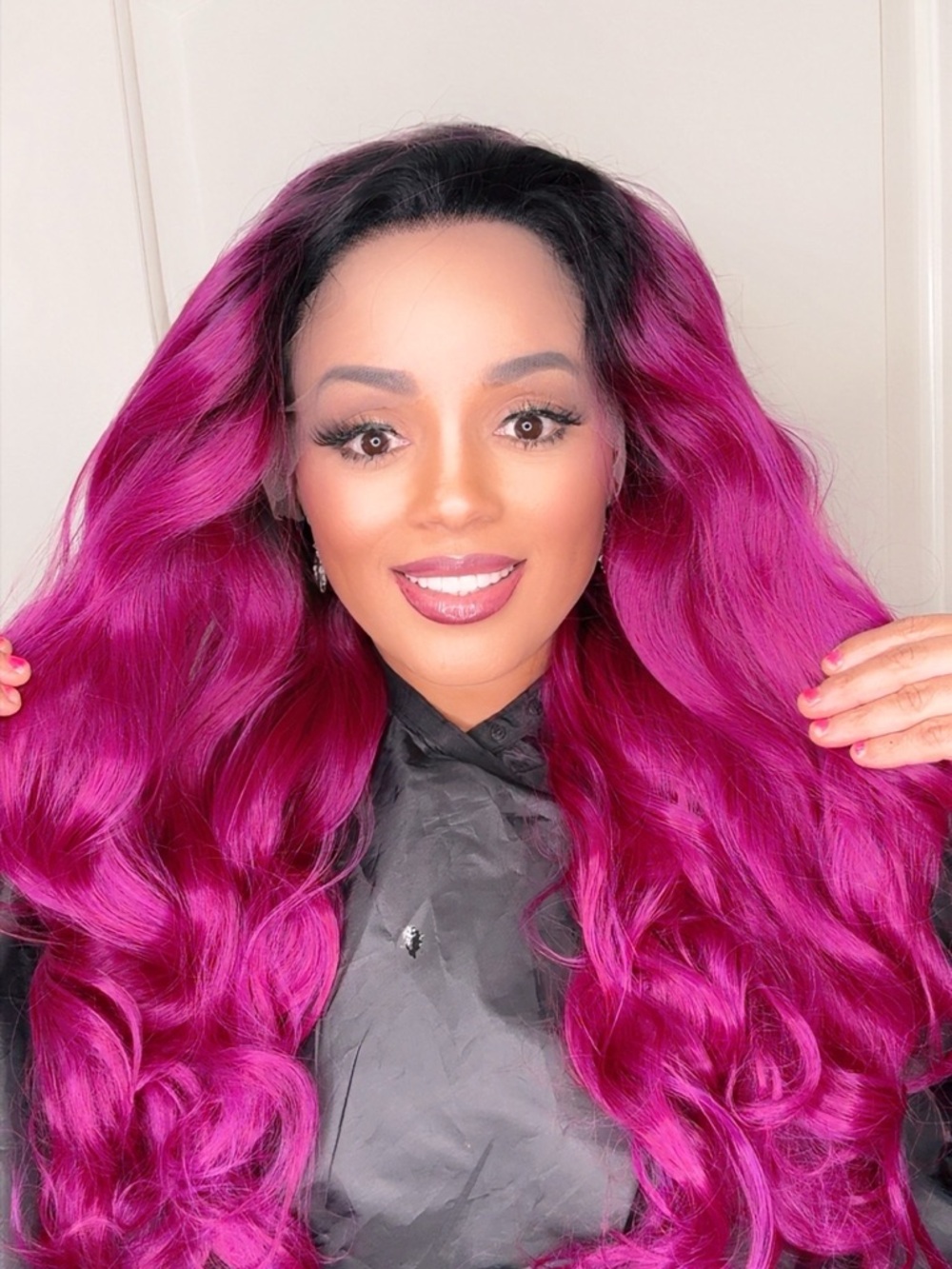 Vibrant Magenta Long Wavy Synthetic Wig - lace wig front 24 inches